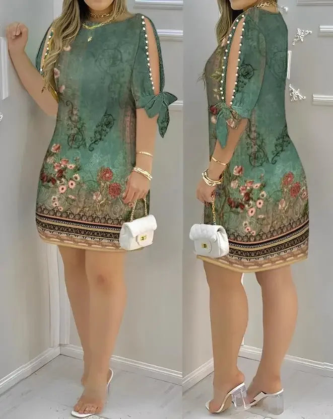 Dresses for Women Summer Fashion Pearls Decor Split Sleeve Casual Boat Neck Plain Half Sleeve Daily Vacation Mini Dress 2024