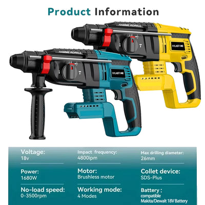 26MM Brushless Electric Hammer Drill Multifunctional Rotary Cordless Rechargeable Power Tools Fit MA KITA/Dewalt 18V Battery