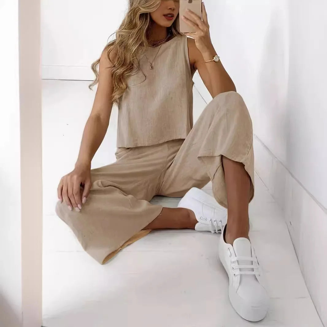 Women's New Cotton Linen Suit Summer Casual Sleeveless Round Neck Top Trousers Wide Leg Pants Two-piece Set For Women