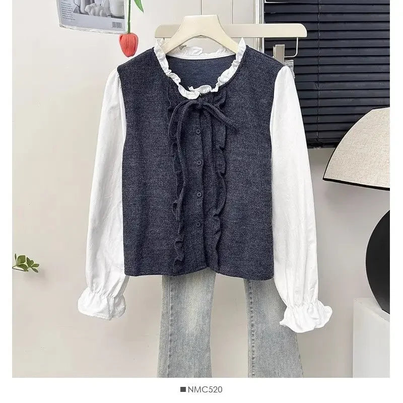 French Ruffle Bow Tie Long Sleeve Blouse Women's Autumn Luxury Chic