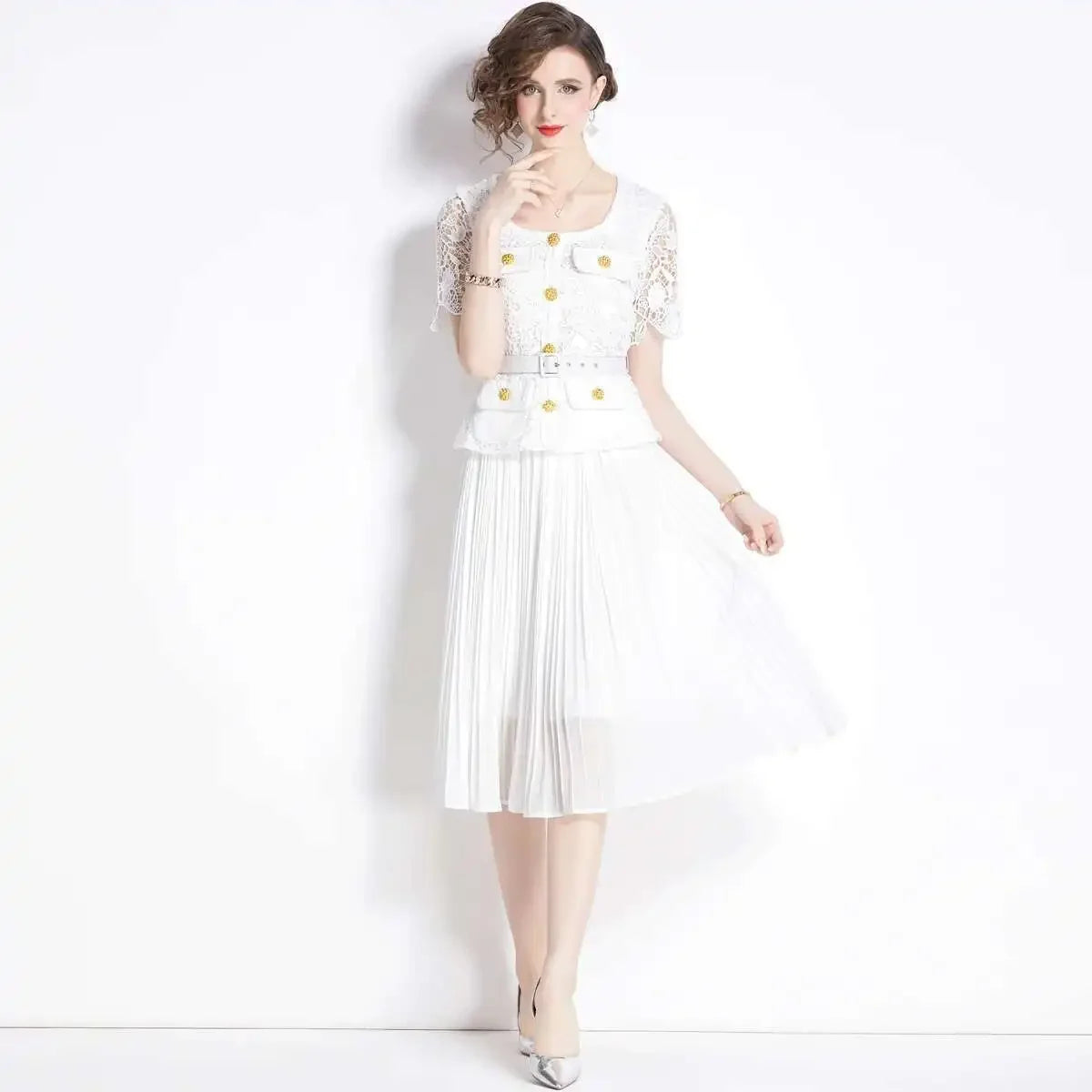 Luxury Evening Dress Women Summer Vacation Short Sleeve Pleated Lace Chiffon Long Dresses White Single Breasted Midi Party Robe