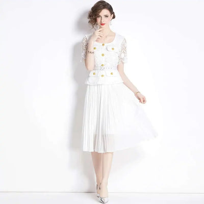 Luxury Evening Dress Women Summer Vacation Short Sleeve Pleated Lace Chiffon Long Dresses White Single Breasted Midi Party Robe