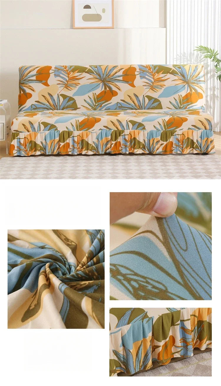 1/2/3Seater Sofa Bed Cover with Skirt Elastic Printing Seat Cover Armless Sofa Bed Cover Sofa Covers for Living Room Home Decor