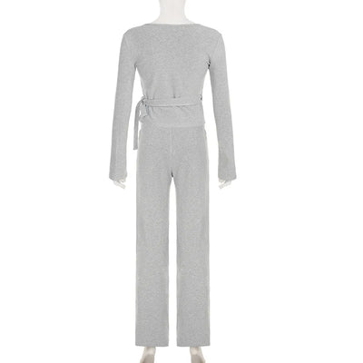 Women Fashion Lounge Set Vintage 2 Piece Outfit Spring Autumn V Neck Waist Tie T-shirt+Elastic Waist Pants Long Sleeve Crop Tops