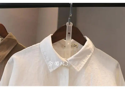 Cotton Linen Women Medium-Length White Polo Shirt Women Large Size Women Clothing Spring Autumn Design Niche Long-Sleeved Shirt