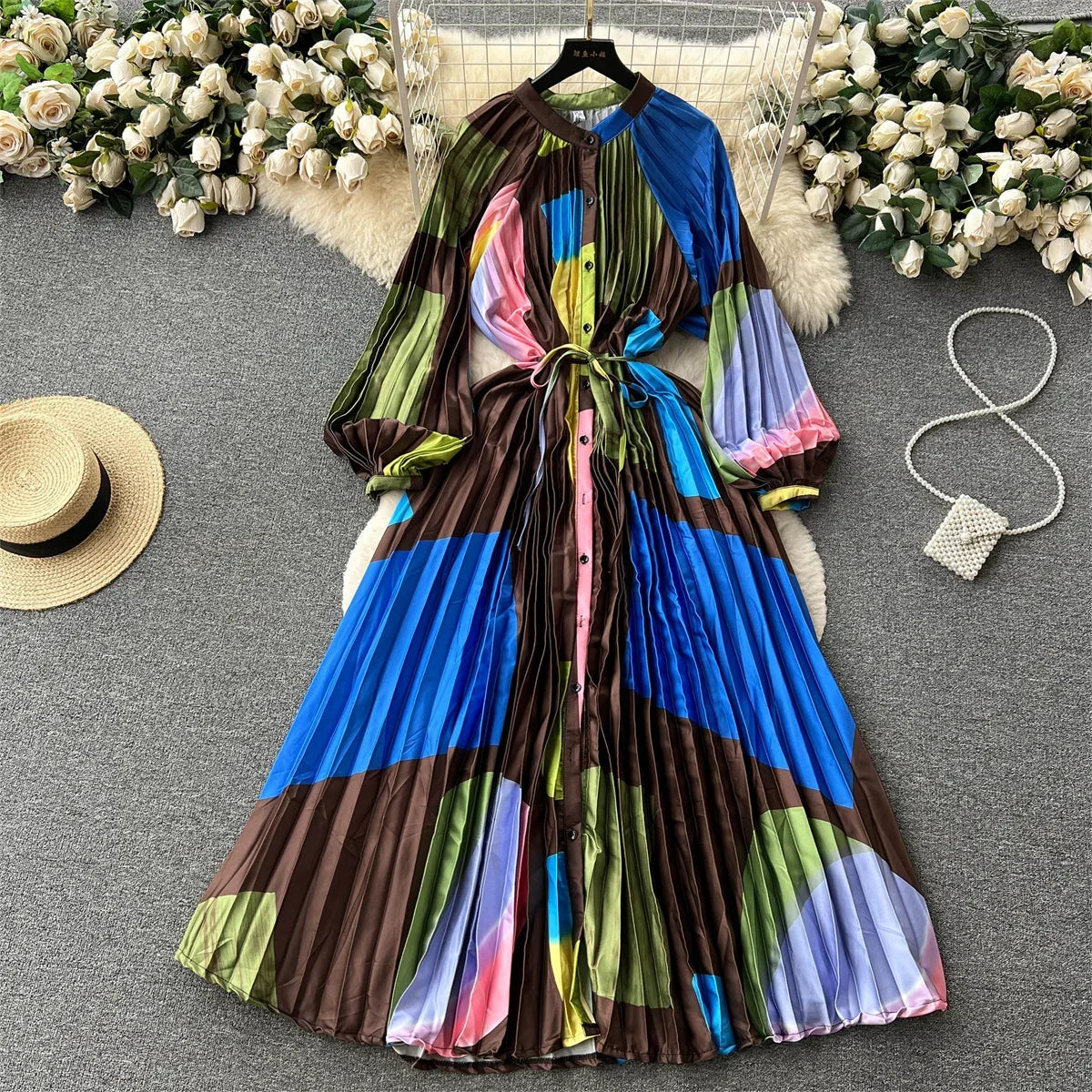 Retro Print Elegant Pleated Lantern Long Sleeve O Neck Single Breasted Dress A-line  Casual High Waist Women Summer Dresses