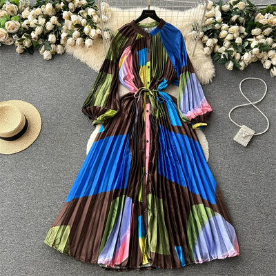 Retro Print Elegant Pleated Lantern Long Sleeve O Neck Single Breasted Dress A-line  Casual High Waist Women Summer Dresses
