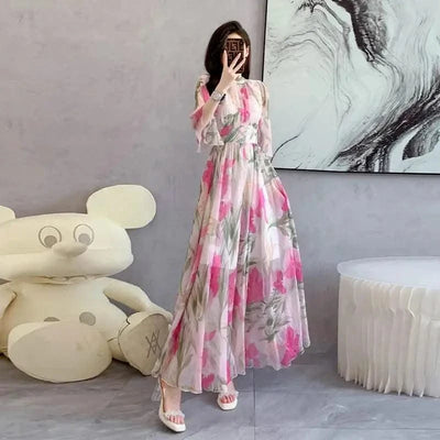 Summer Holiday Floral Dress Women Beach Flower Print Flare Sleeve Back Bow Lace Up High Waist Draped Chiffon Party Long Vestidos
