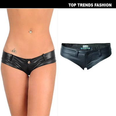 Womens Shorts Nightclub Sexy Low Waisted Elastic Denim PU Faux Leather Button Up Zippered Hot Pants for Women