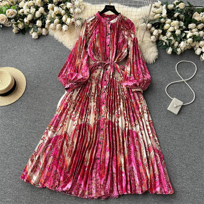 Retro Print Elegant Pleated Lantern Long Sleeve O Neck Single Breasted Dress A-line  Casual High Waist Women Summer Dresses