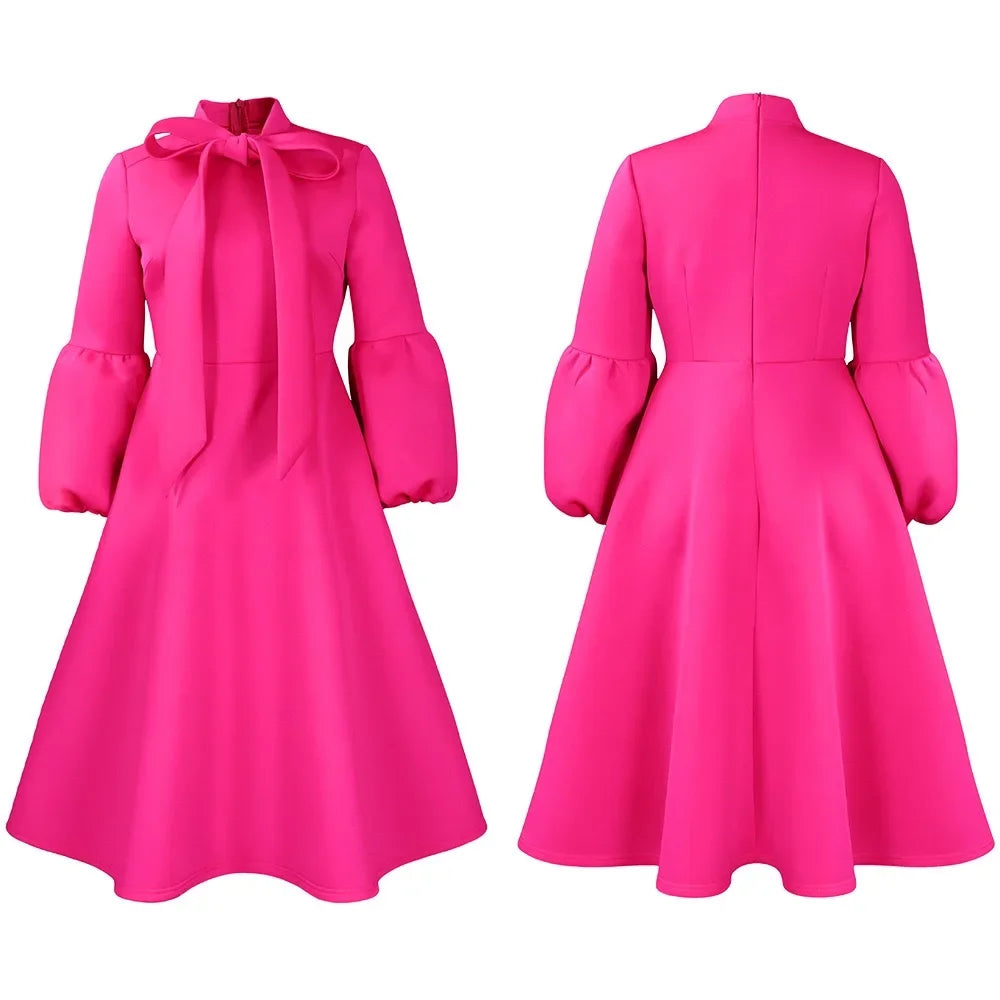 Elegant Dresses for Women Bow Collar Full Sleeve High Waisted Pleated Mid Calf Luxury Birthday Party Dinner Vestidos Mujer Dress