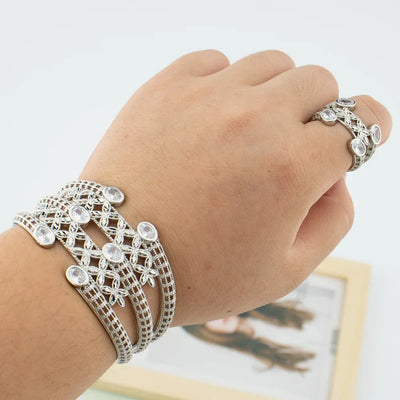 Luxury Bracelet Rings Dubai France Female 18k Gold Color Bangles For Women Bride Bangles Wedding Bracelet with Rings