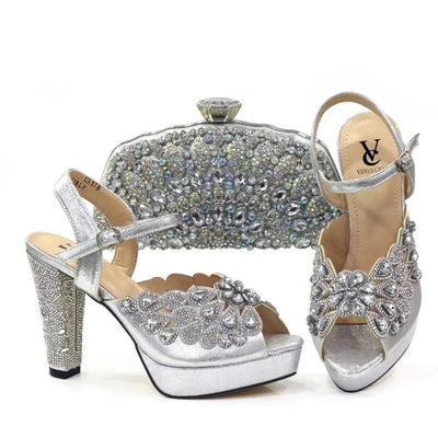 Embroidery Italian Design Pointed-Toe High-heeled Shoes and Bags Set for Women