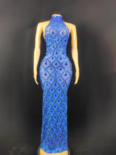 Women Sexy Stage Shining Rhinestone Sequins Dress Evening Prom Birthday Dress Transparent Performance Singer Club Host Dress