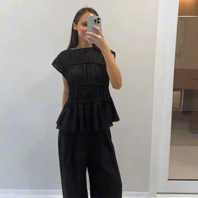 Women Cotton Linen Sleeveless Blouse Round Neck Pleated Top 2025 Spring Summer New Lady O-Neck Solid Color Shirt