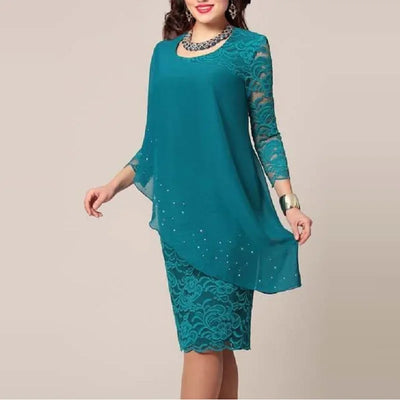 Elegant lace hook flower patchwork chiffon sheath dress 5xl Women green 3/4 sleeve round neck knee-length star print cape dress