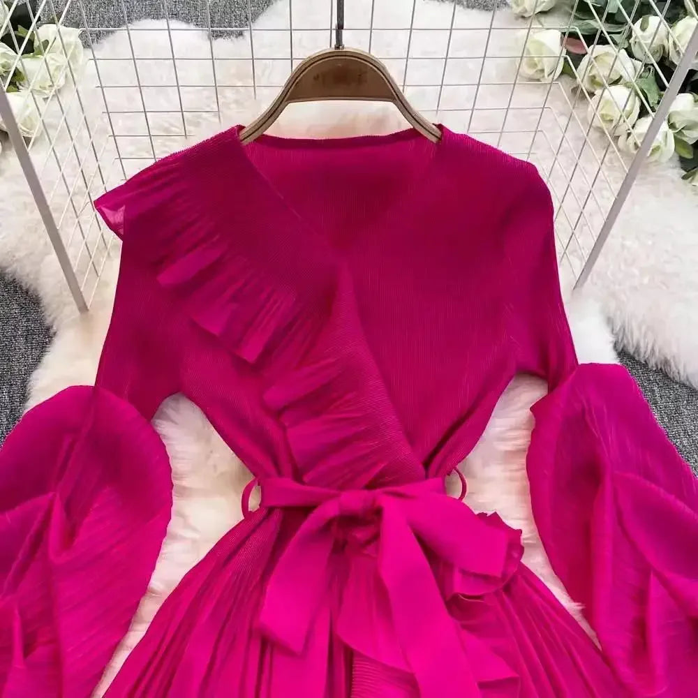 Women's V Neck Ruffles Splice Lantern Sleeve High Stretch Oversized Dresses Miyake Maxi Pleated 2025 Spring Long Party Clothing
