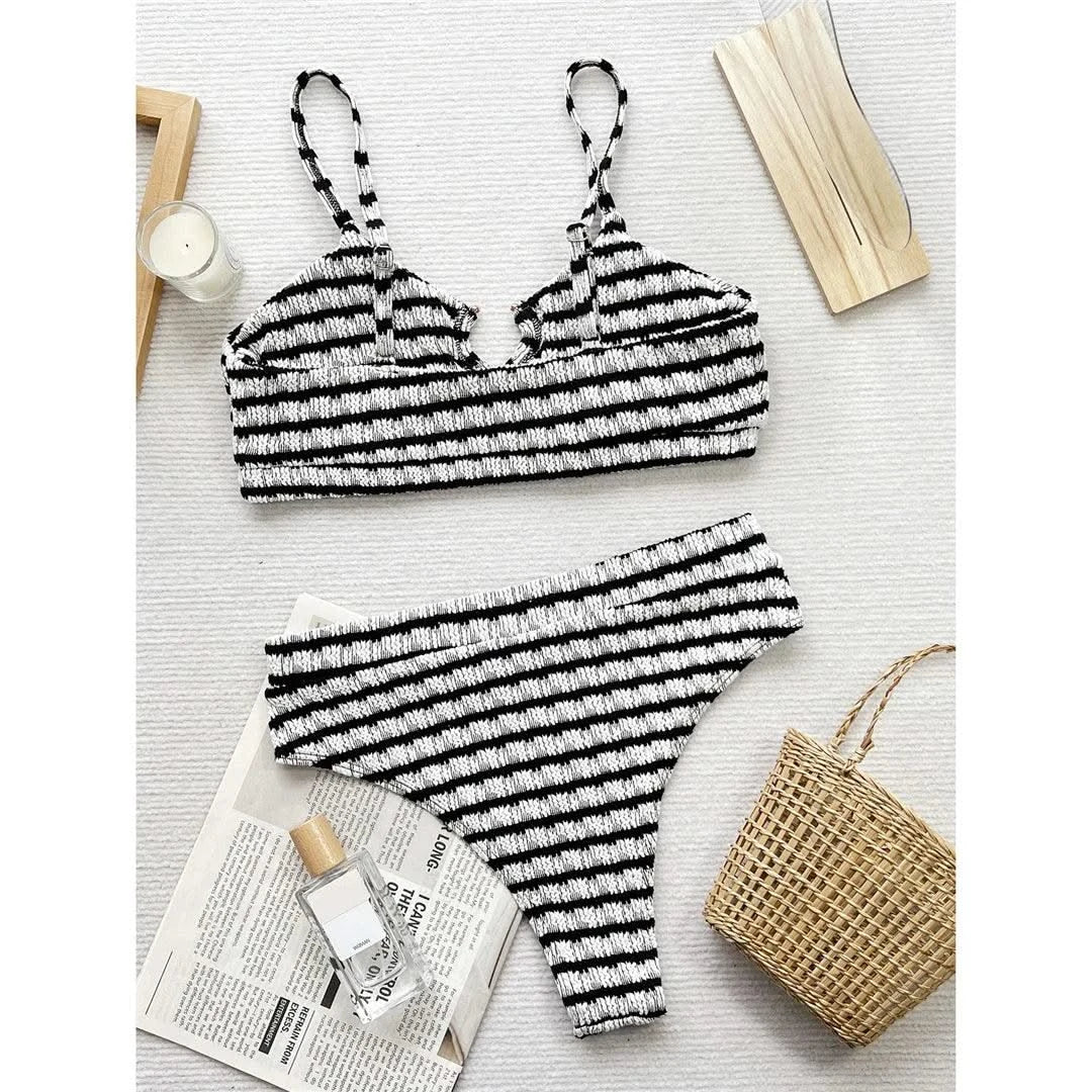 New Black White Striped Cut Out Female Swimsuit High Waist Bikini Women Swimwear Two-pieces Bikini set Bather Bathing Suit V5831