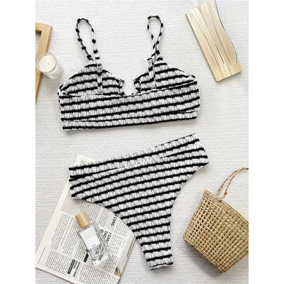 New Black White Striped Cut Out Female Swimsuit High Waist Bikini Women Swimwear Two-pieces Bikini set Bather Bathing Suit V5831
