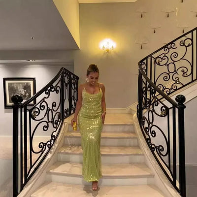 Shiny Sequins Off Shoulder Open Back Long Slim Maxi Dresses | Women, Girls | Summer Vacation Evening Party Gown