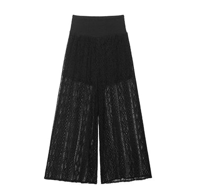 TRAF Women Lace Trousers Embroidery Hollow Out Simple Women's Pants Elastic Waist Loose Pants Female Wide Leg Pants