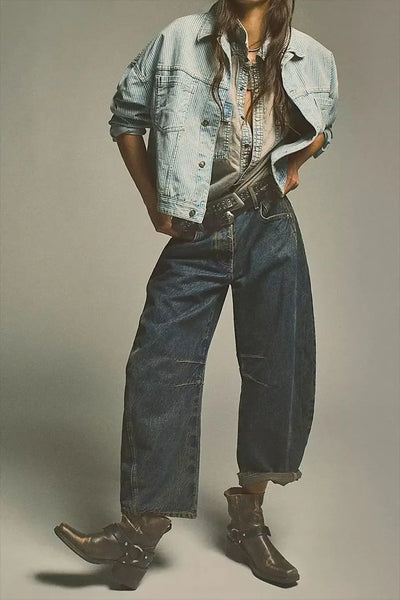 Midiross High Stretch Mid-Rise Barrel Jeans Fashion wide Leg Shape Women Casual Baggy Mid Waist Denim Jeans