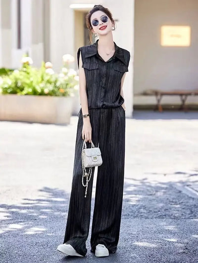 Wear To Work Shirt Ladies Trouser Black Women's Blouse and Pants Two Piece Set Professional Wide Leg Office Baggy Stripe Outfit