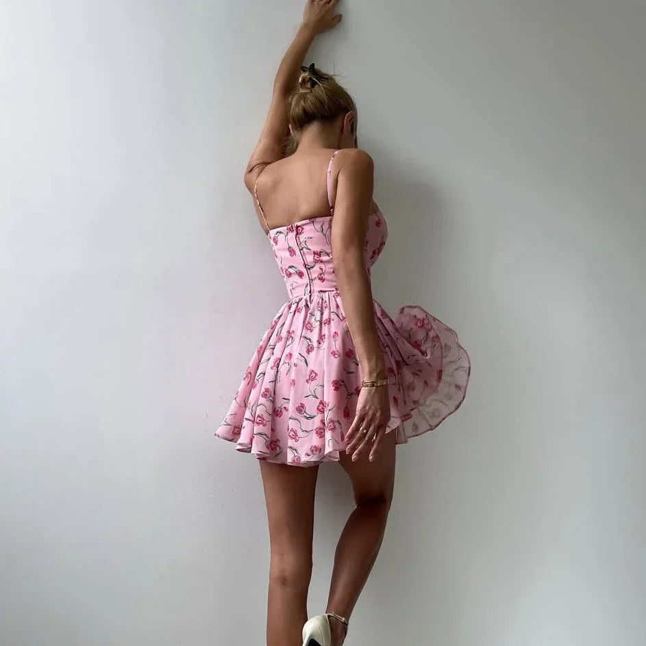Elegant Floral Dress Women Fitted Waist Summer Dress Sexy Birthday Party Dress Lace Up Club Gowns Women Clothing