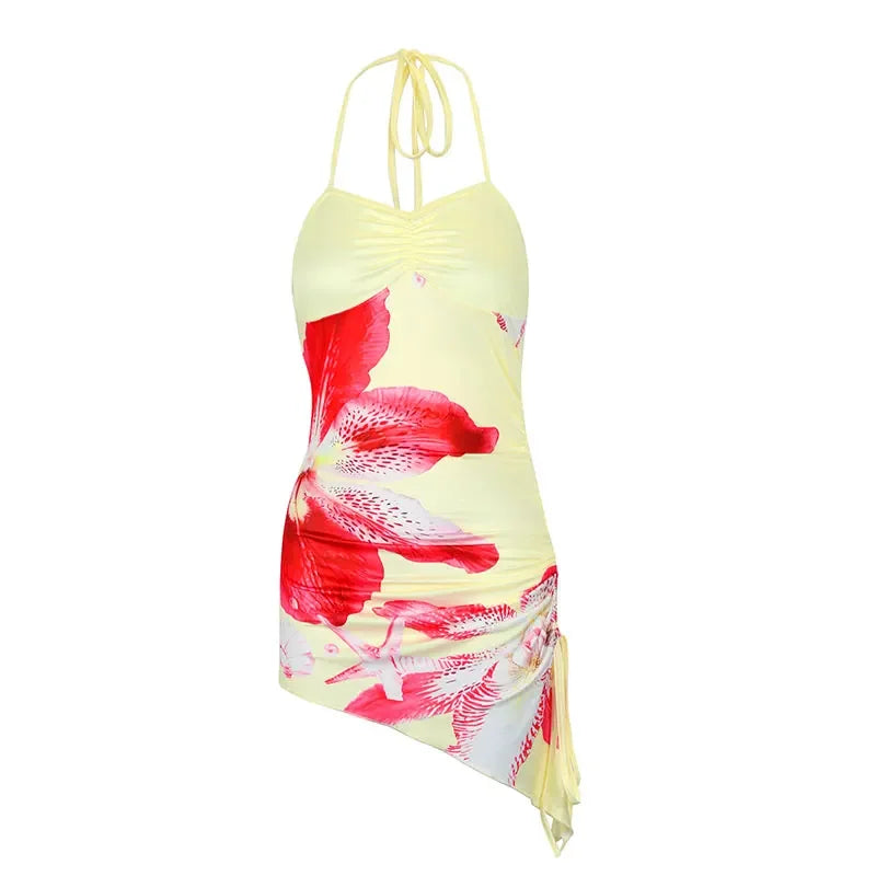 Women's Dresses Summer New Streetwear Fashion Casual Slim Halter Lace-up Print Dresses Sexy Lady Backless Mini Dress Clothing