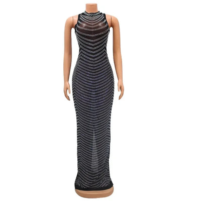 Sexy Sheer Mesh Studded Maxi Dress Women Sheath Backless Party Dress Clubwear