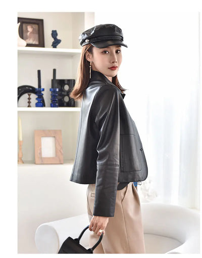 Women's Sheepskin Short Tops Harajuku Fashion Jassen Dames Slim Jaqueta De Couro Legítimo Square Collar Trendy Streetwear Coat