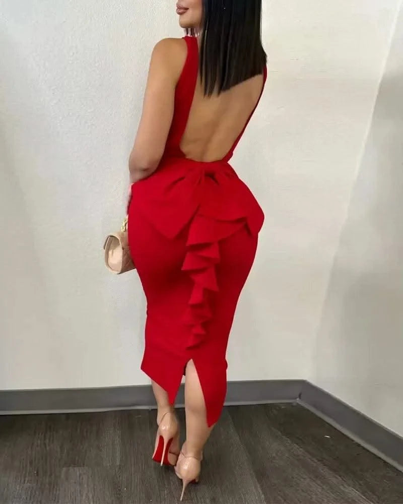 Summer 2025 Vestidos Sexy Party Dresses Women Plunging V-neck Sleeveless Backless Bowknot Ruffles Back Bodycon Midi Dress