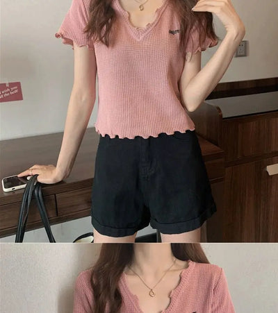 Oversized Summer Short Sleeve T-shirt Women's Foreign Style Versatile Slim Knitted Top Underlay