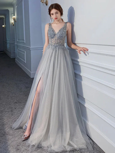 Women's Evening Dresses Sexy V-neck Luxury Formal Party Gown Backless Beads Sequins Tulle Side Split Banquet Evening Dress