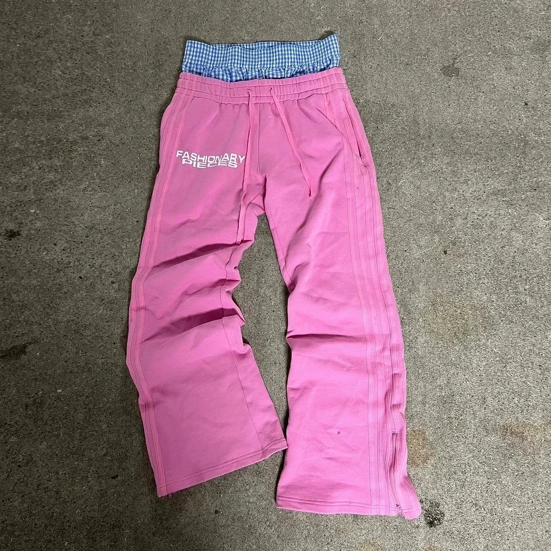 Y2K Cargo Pants Harajuku Double Stripes Zipper Embroidered Waist Retro Streetwear High waisted Wide Leg Pants Men Women Trousers