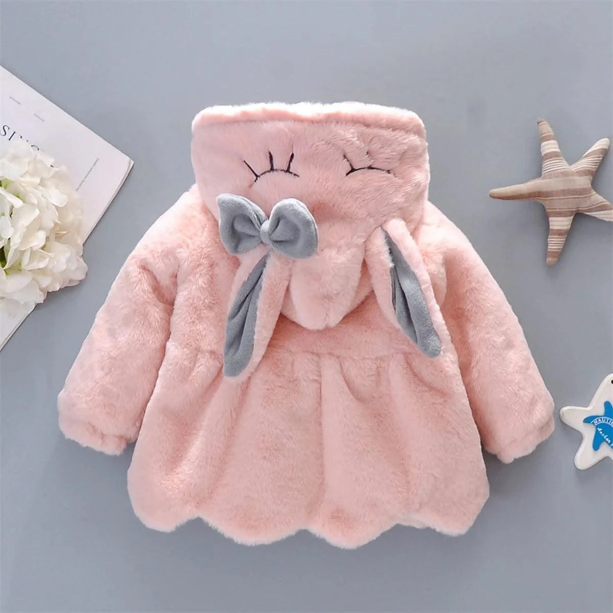 2pc/Set  Long Sleeve Cute Rabbit Hoodie Jacket Winter Plush Bow  | Baby Girl Clothes| Children 0-3years
