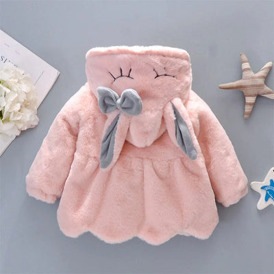 2pc/Set  Long Sleeve Cute Rabbit Hoodie Jacket Winter Plush Bow  | Baby Girl Clothes| Children 0-3years