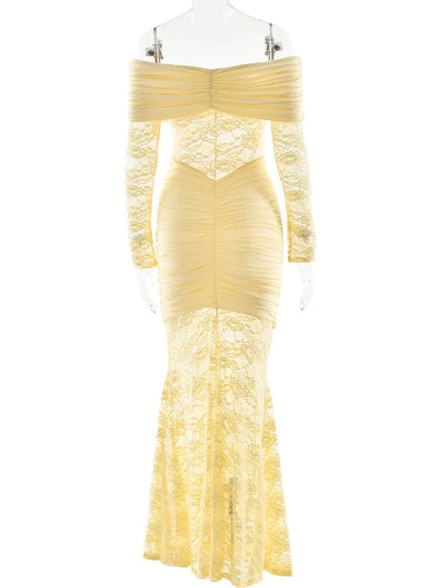 Woman Clothing Lace Patchwork Evening Dress 2025 Autumn Sexy Slash Neck Long Sleeve Folds Party Gown Lady Long Maxi Prom Dresses