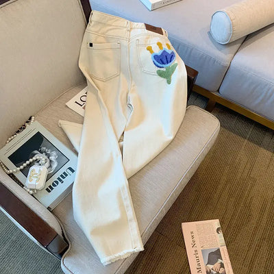 White Jeans For Women Spring High Waist Fashion Flower Design Straight Denim Pants Chic Loose Wide Leg Casual Trousers