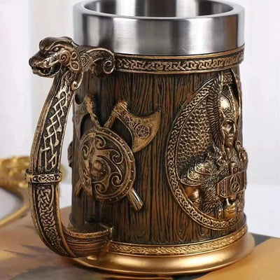 Coffee Beer Mugs Viking Retro 3D Personalized Stainless Steel Mug Big Capacity Water Cups Simulation Wooden Juice Cup Home Items
