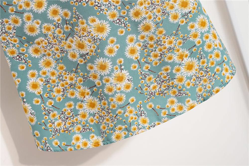 Women Mini Printed Floral Chiffon Shirring Pleated Short Puffy Sleeve Casual Dresses Summer Fashion