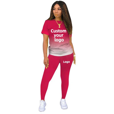Two Piece Set Women Tracksuits Sets DIY Printed Personality Short Sleeve T shirts + Pants Sports Suit Custom your logo For Women