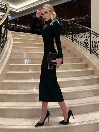 Ahagaga Fashion Hollow Out Women Maxi Dresses Sexy Solid Backless Casual Turtleneck Slim Elegant Bodycon Vestidos Robes Split