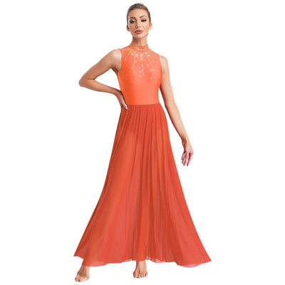 Women Lyrical Contemporary Ballroom Modern Dance Costume Dancing Prom Gown Side Split Maxi Dress for Ballet Gymnastics Skating