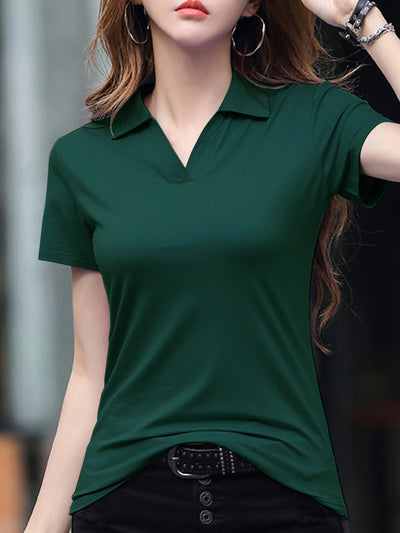 Women's basic solid color short-sleeved POLO shirts summer knitted tops daily casual models can be machine washed and dry cleane