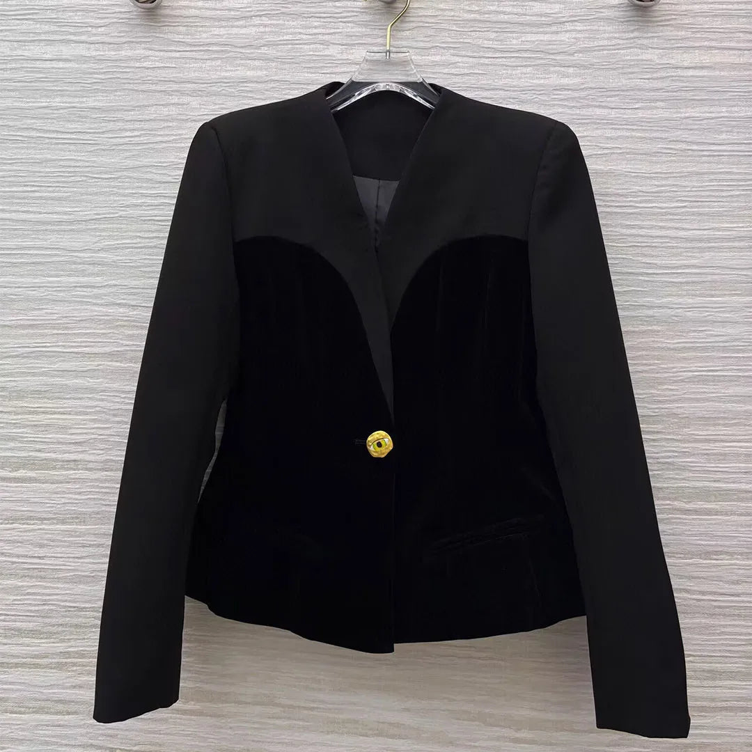 2025 New Autumn Black Velvet Wrapped Chest Panel Design Office Lady Jacket Women V-neck Long Sleeve Gold Eye Button Elegant Coat