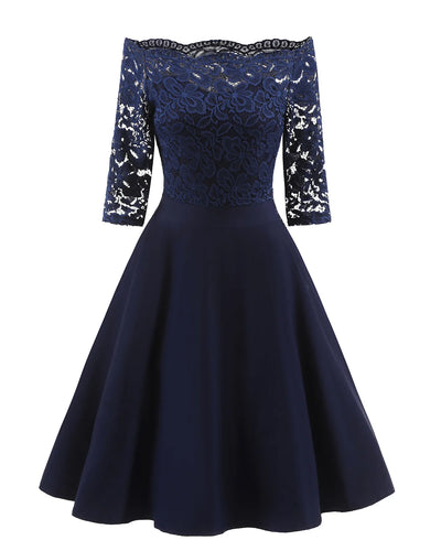 Women Elegant Wedding Bridesmaid Dinner Dress Sexy Lace Off Shoulder Party Dresses Solid Color Half Sleeve Evening Gown Vestido