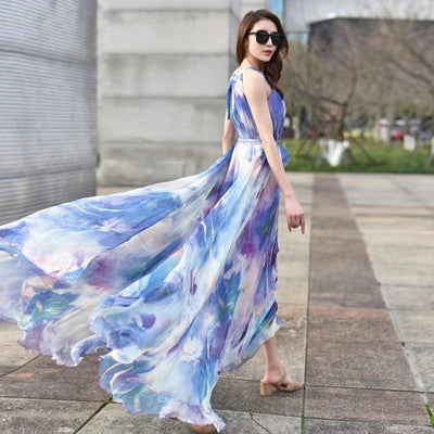 2023 New Floral Summer Sleevelss Suspender Maxi Dress for Women Sexy Backless Beach Purple Boho Robe Femme Sundress Dress Photo