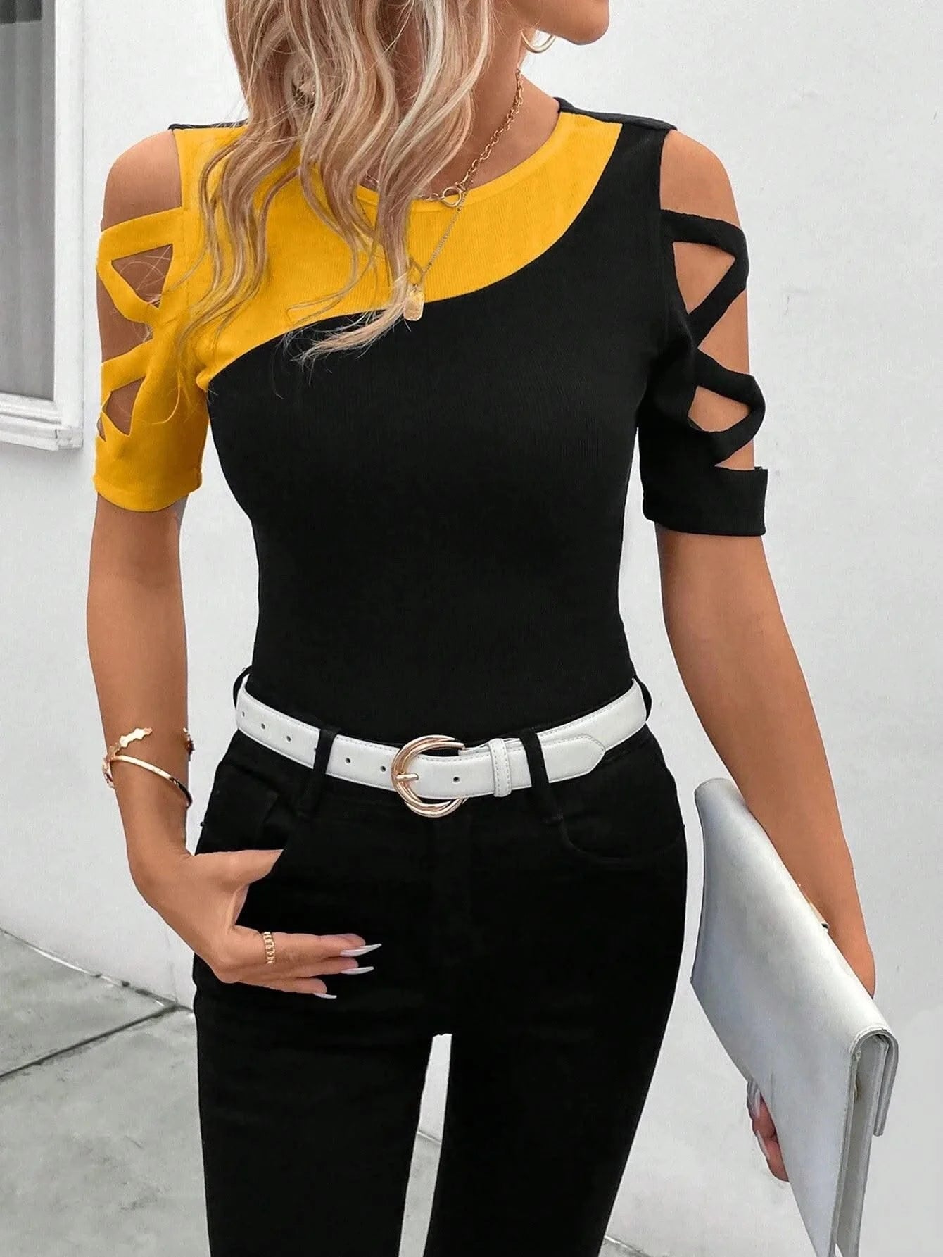 Women's Blouses T-shirt Summer New Colour Block Cross Off Shoulder