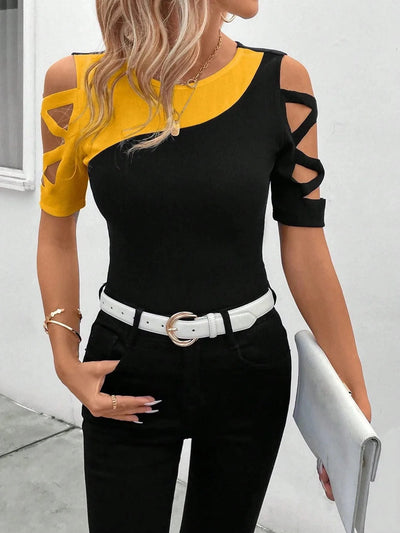 Women's Blouses T-shirt Summer New Colour Block Cross Off Shoulder